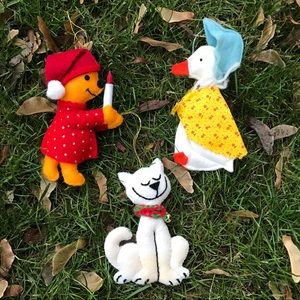 Vintage handmade Christmas teddy bear, cat, and goose ornament set